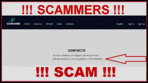 Coinumm Com phone number listed on the thieves website