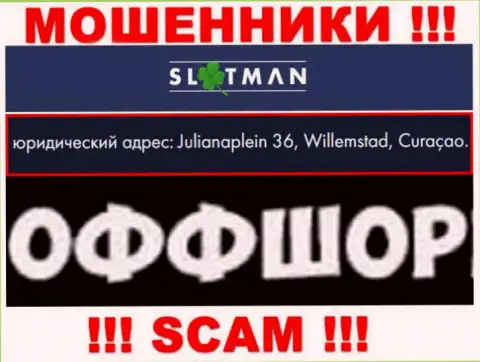 Slot Man - это неправомерно действующая компания, зарегистрированная в оффшорной зоне Julianaplein 36, Виллемстад, Кюрасао, будьте очень осторожны