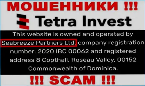 Юридическим лицом, владеющим интернет аферистами Тетра-Инвест Ко, является Seabreeze Partners Ltd