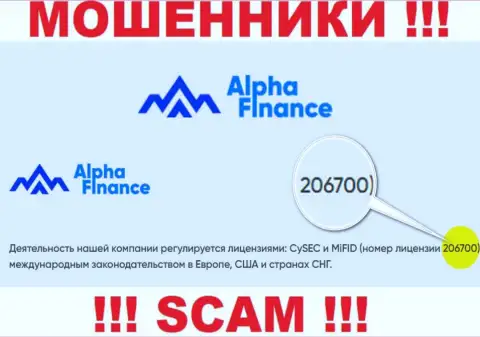 Номер лицензии Alpha-Finance, у них на сайте, не сможет помочь сохранить ваши финансовые средства от кражи