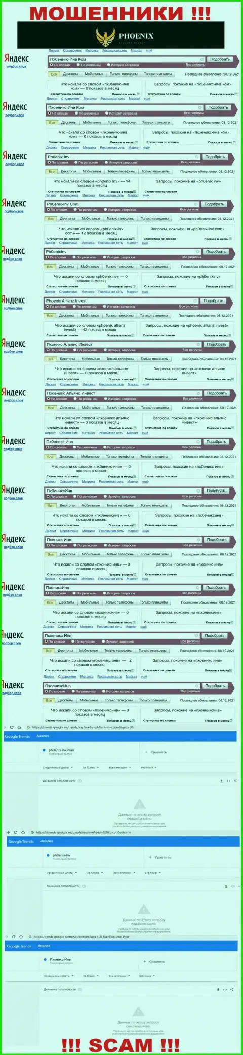 Скриншот результатов запросов по мошеннической конторе Пхоникс-Инв Ком