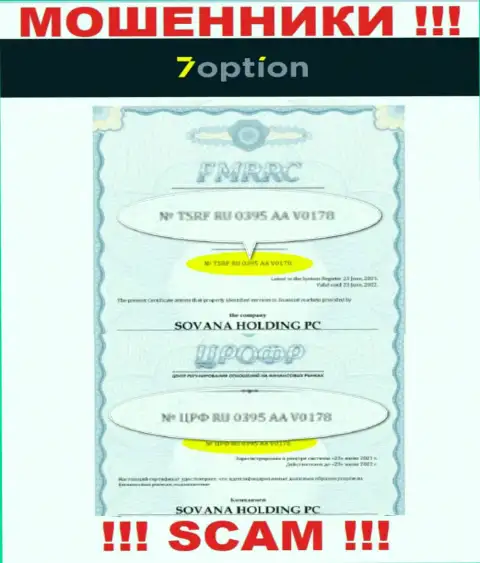 7 Option не прекращает грабить доверчивых людей, предложенная лицензия, на веб-портале, для них нее преграда