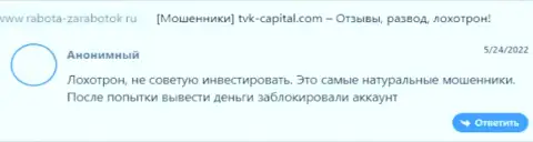 Недоброжелательный отзыв о конторе TVK Capital это чистой воды ЖУЛИКИ !!! Очень опасно верить им