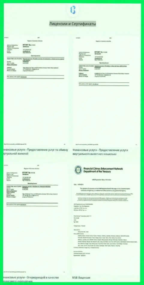 Лицензионные документы, а также сертификаты online-обменки БТЦБИТ Сп. З.о.о.